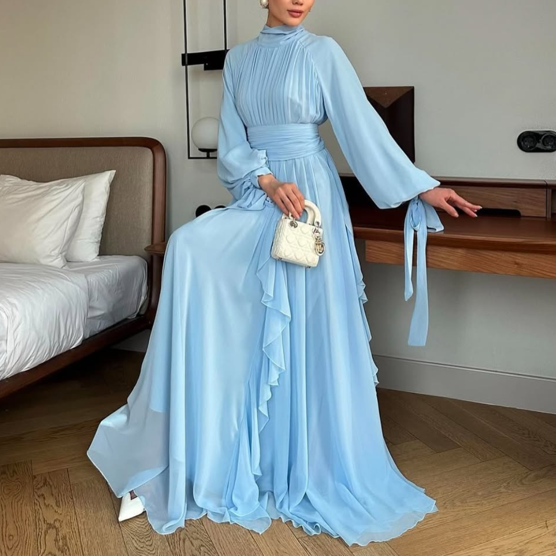 Light Blue Modest High Neck Pleated Ruffle Long Dress 2XL