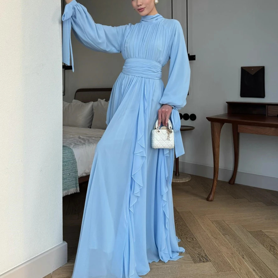 Light Blue Chiffon Modest High Neck Ruffle Maxi Dress 2XL