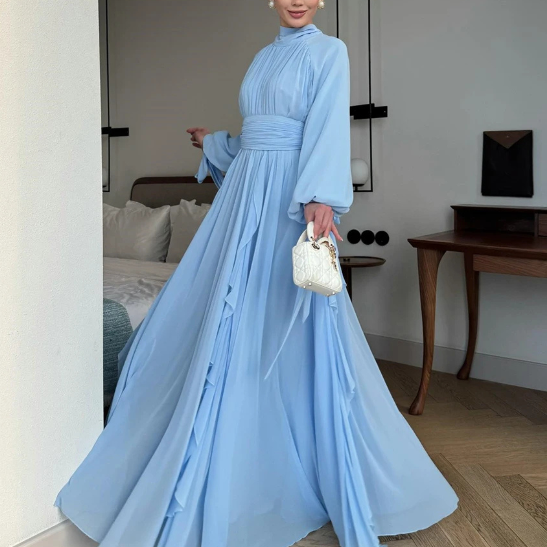 Light Blue Chiffon Modest High Neck Ruffle Maxi Dress 2XL