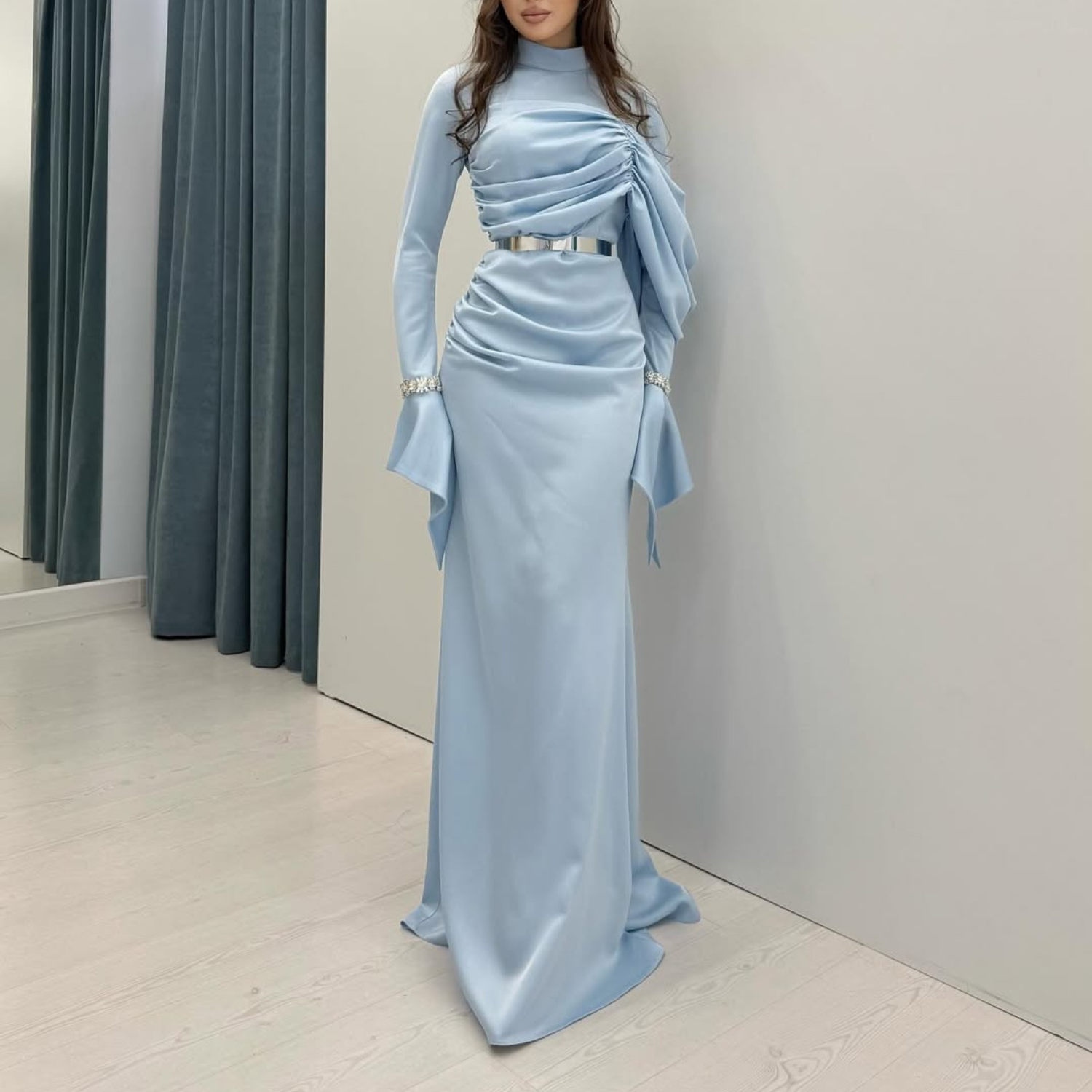 Light Blue Modest Pleated Wrap Flare Sleeves Satin Long Evening Dress, Left