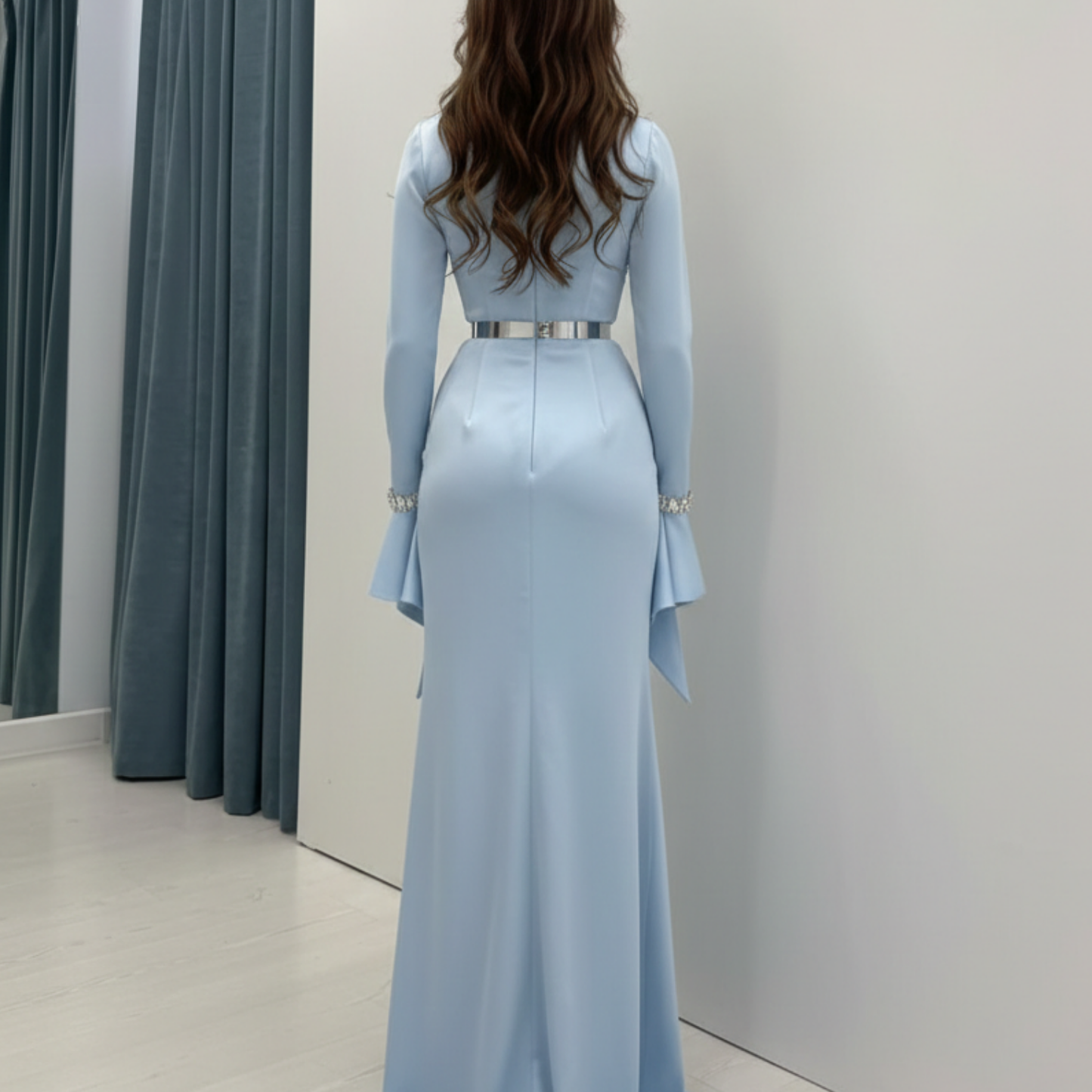 Light Blue Modest Pleated Wrap Flare Sleeves Satin Long Evening Dress, Back