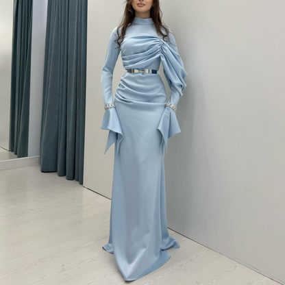 Light Blue Modest Pleated Wrap Flare Sleeves Satin Long Evening Dress