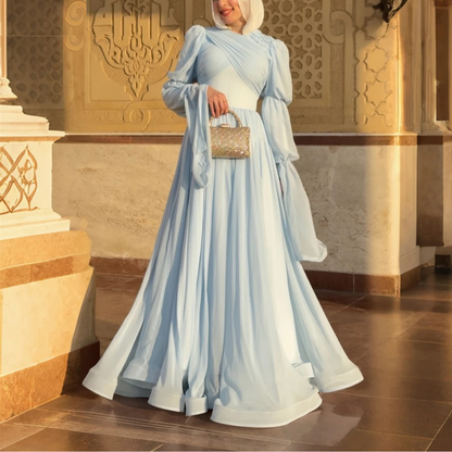 Light Blue Modest Tiered Sleeves Princess Chiffon Gown, Front