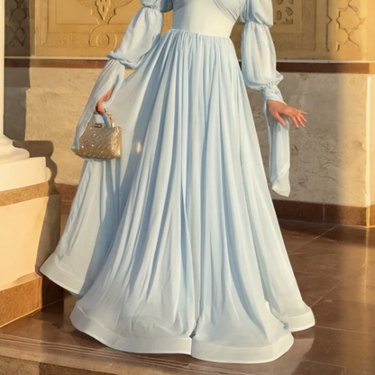 Light Blue Modest Tiered Sleeves Princess Chiffon Gown, Skirt