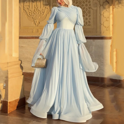 Light Blue Modest Tiered Sleeves Princess Chiffon Gown, Front