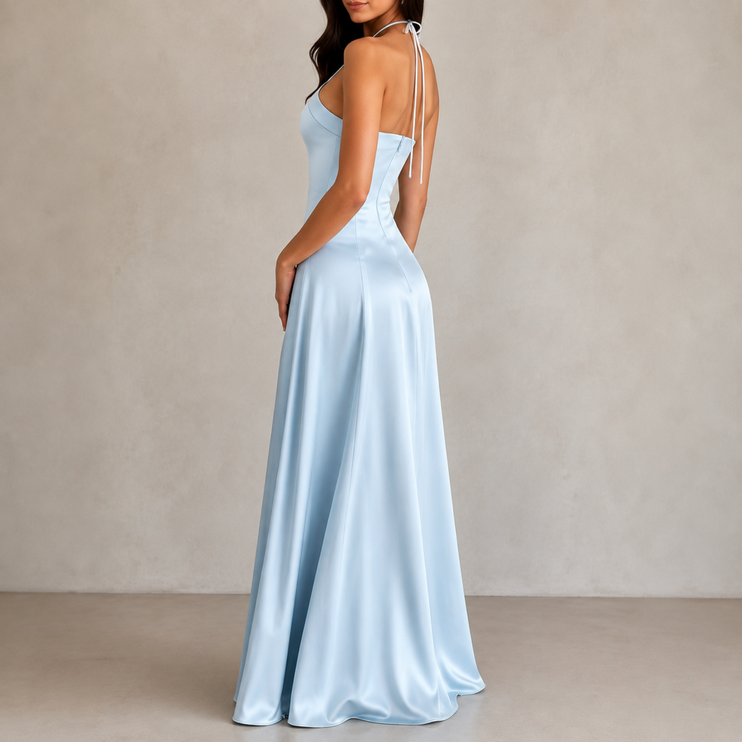 Light Blue Satin Halter Neck Sleeveless A-Line Formal Maxi Dress, Side
