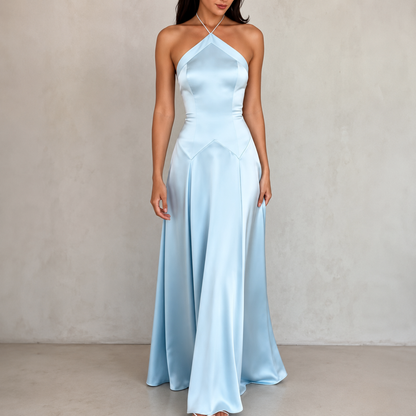 Light Blue Satin Halter Neck Sleeveless A-Line Formal Maxi Dress