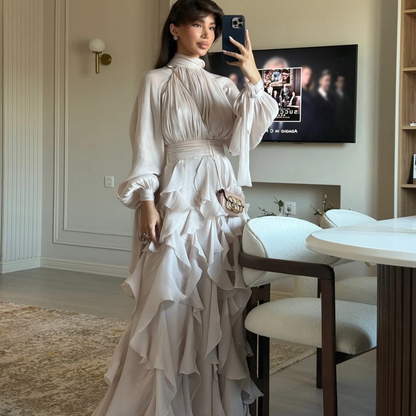 Light Champagne Modest Organza High Neck Ruffle Long Dress