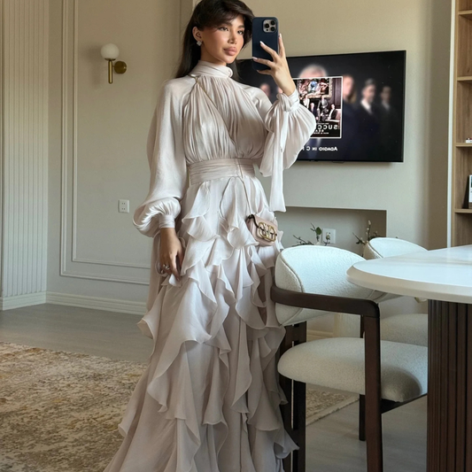Light Champagne Modest Organza High Neck Ruffle Long Dress