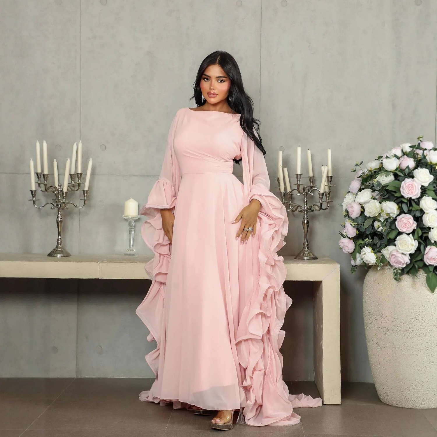 Light Pink Chiffon Ruffle Drape Sleeves A-Line Maxi Dress