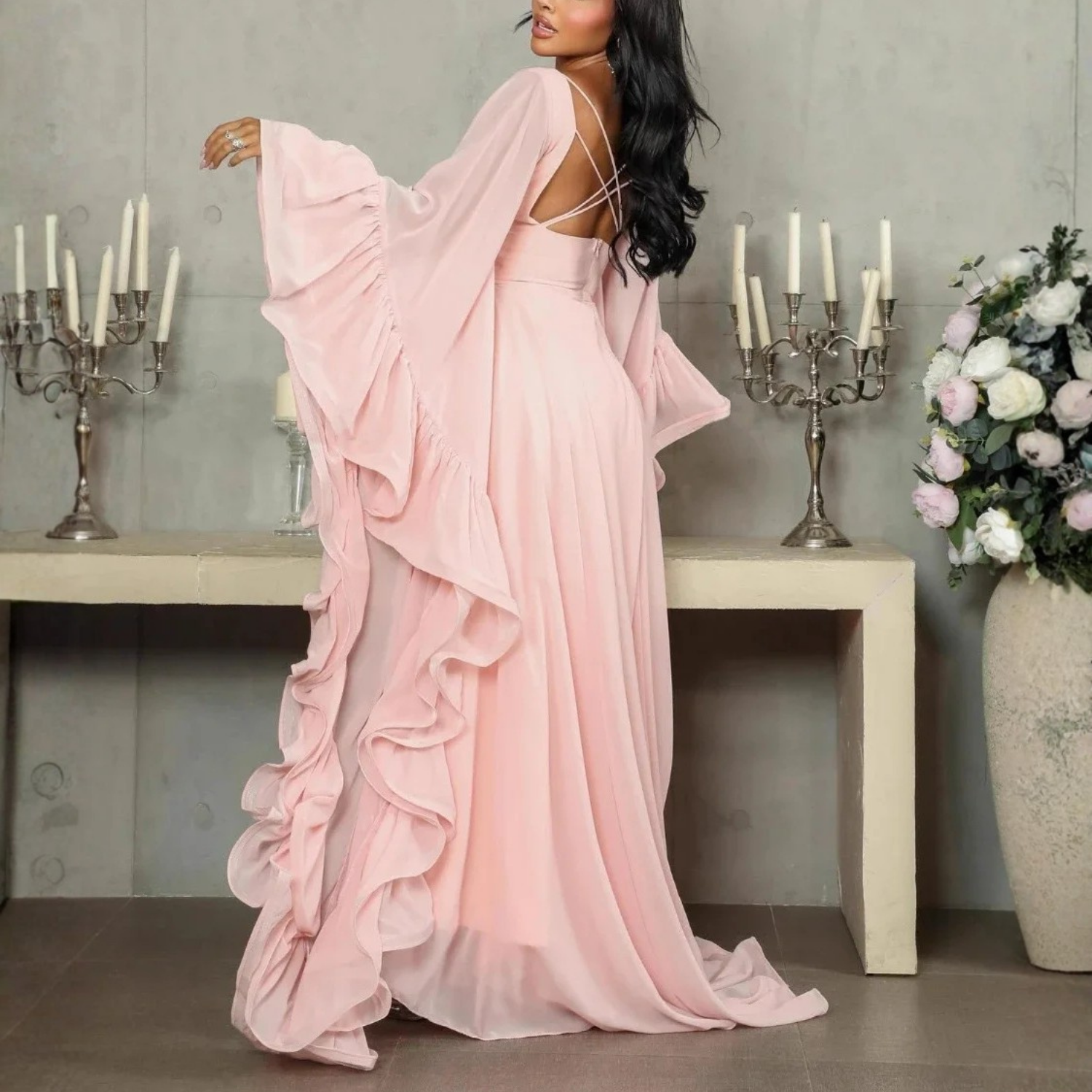 Light Pink Chiffon Ruffle Drape Sleeves A-Line Maxi Dress, Back 2