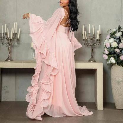 Light Pink Chiffon Ruffle Drape Sleeves A-Line Maxi Dress, Back 2