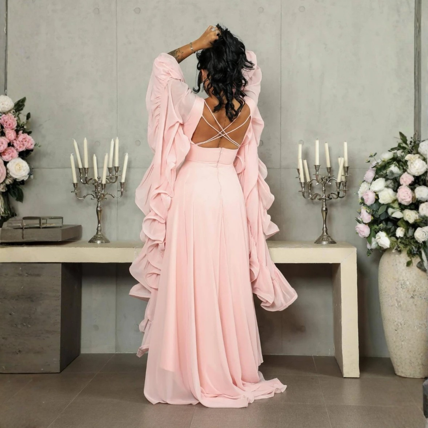 Light Pink Chiffon Ruffle Drape Sleeves A-Line Maxi Dress, Back 3