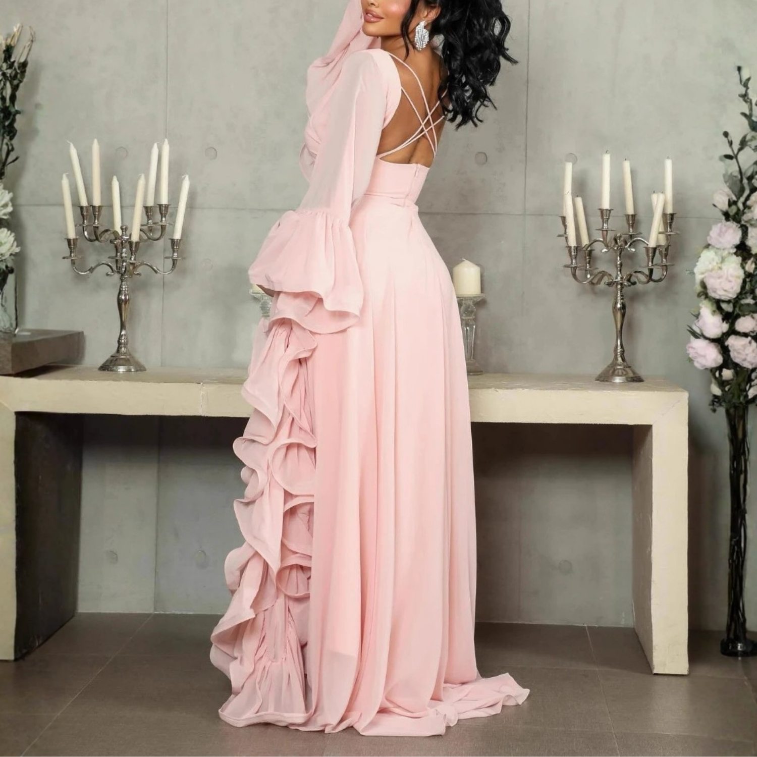 Light Pink Chiffon Ruffle Drape Sleeves A-Line Maxi Dress, Back