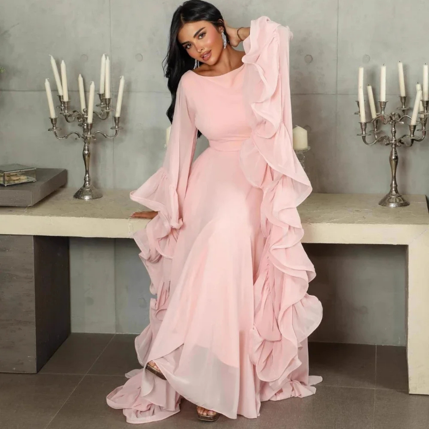 Light Pink Chiffon Ruffle Drape Sleeves A-Line Maxi Dress, Sitting