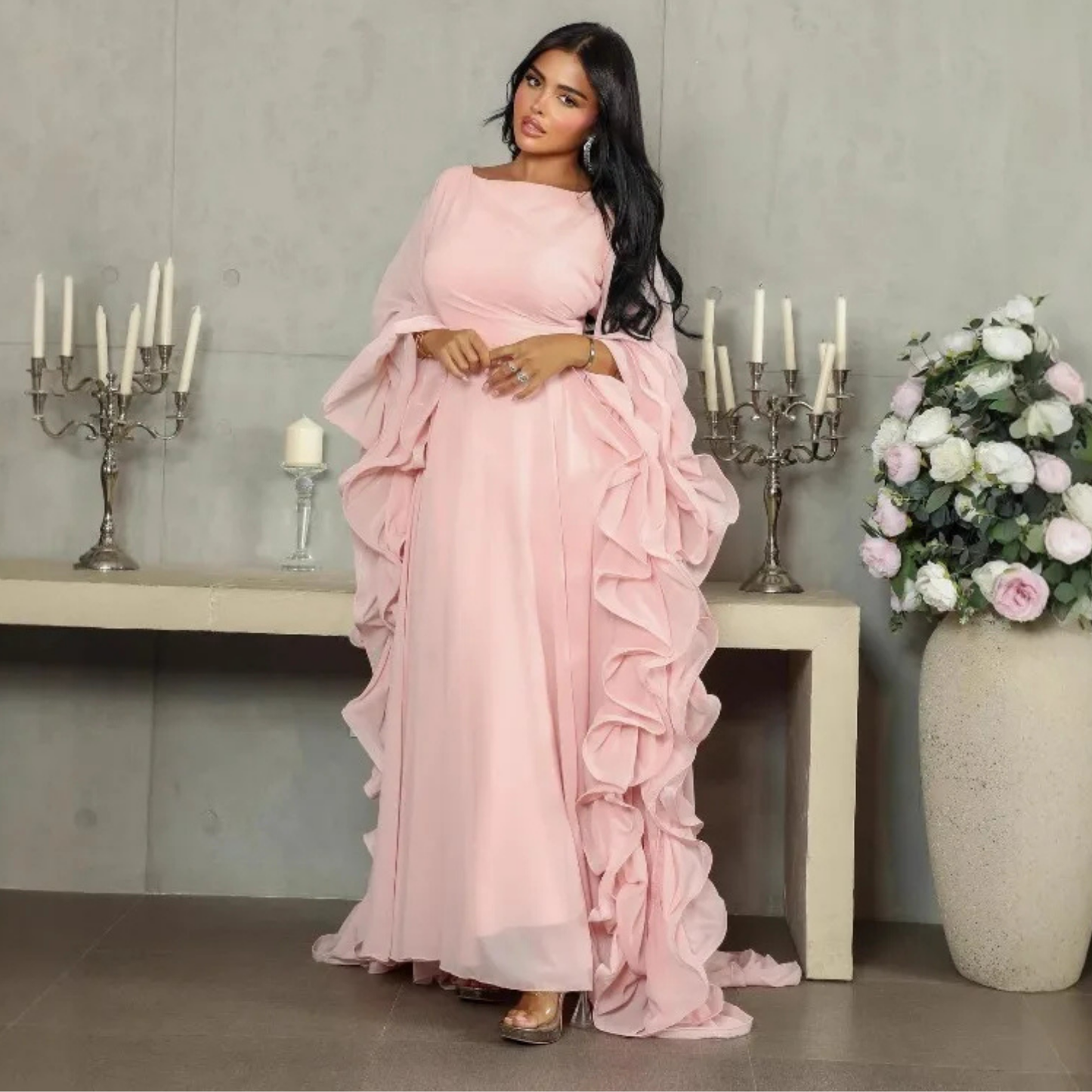 Light Pink Chiffon Ruffle Drape Sleeves A-Line Maxi Dress, Front