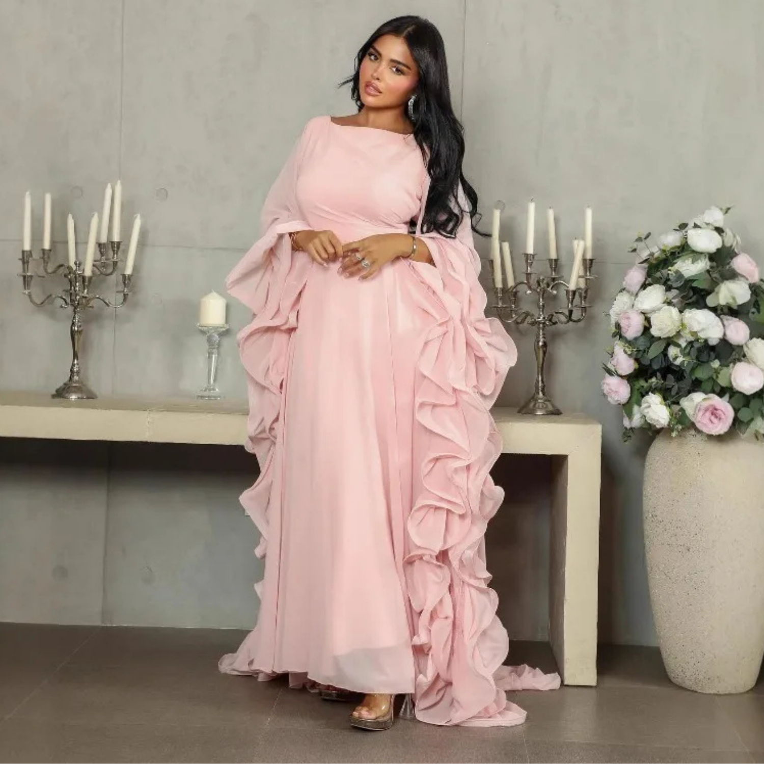 Light Pink Chiffon Ruffle Drape Sleeves A-Line Maxi Dress, Front