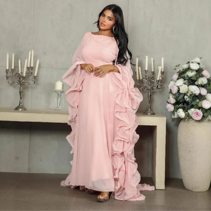 Light Pink Chiffon Ruffle Drape Sleeves A-Line Maxi Dress, Front
