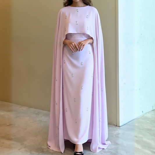 Pink Pearl Rhinestone Long Drape Sleeves Evening Dress (Abaya)