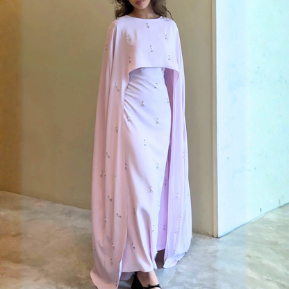 Pink Pearl Rhinestone Long Drape Sleeves Evening Dress (Abaya), Left
