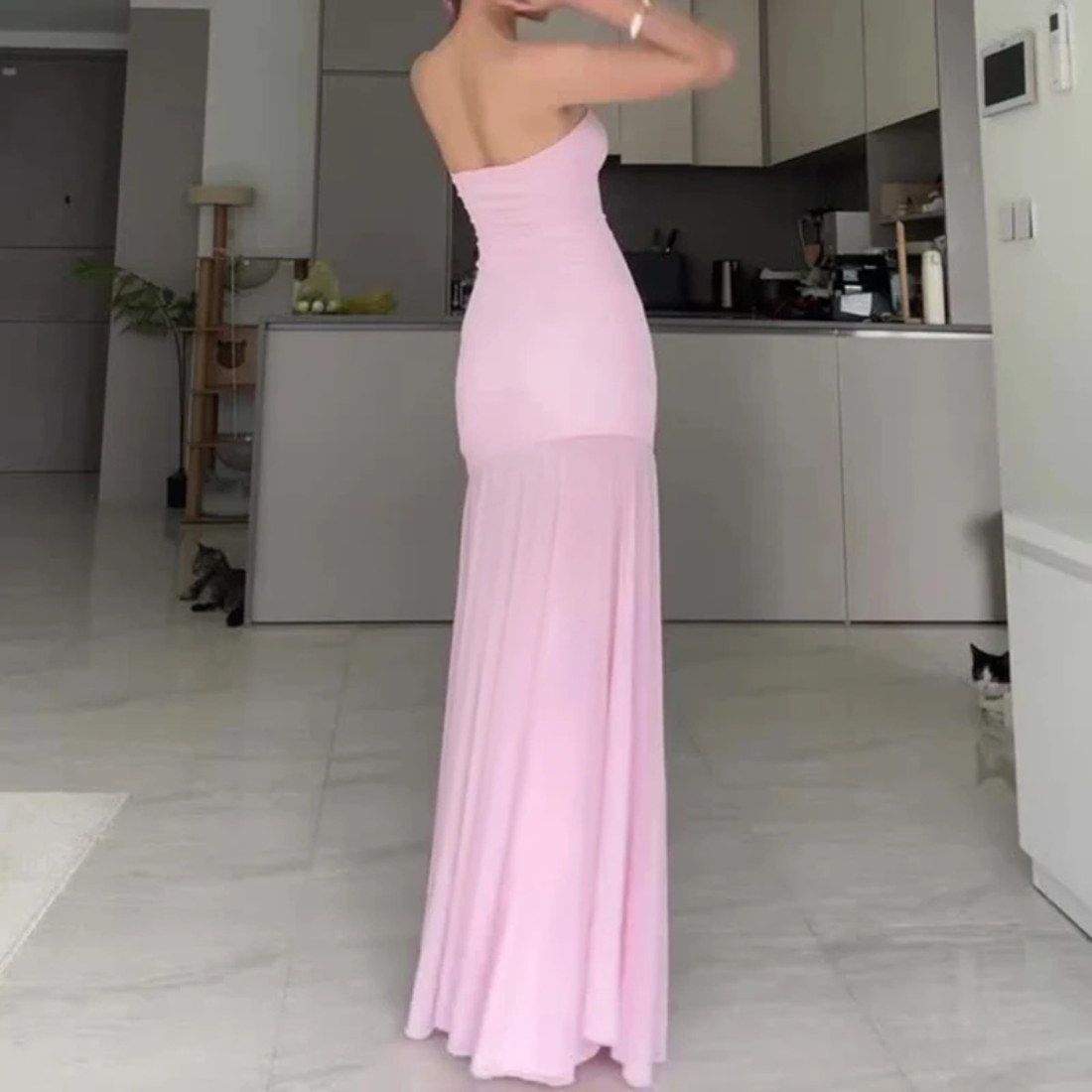 Light Pink Sleeveless Tube Neck Elegant Mesh Long Dress, Back