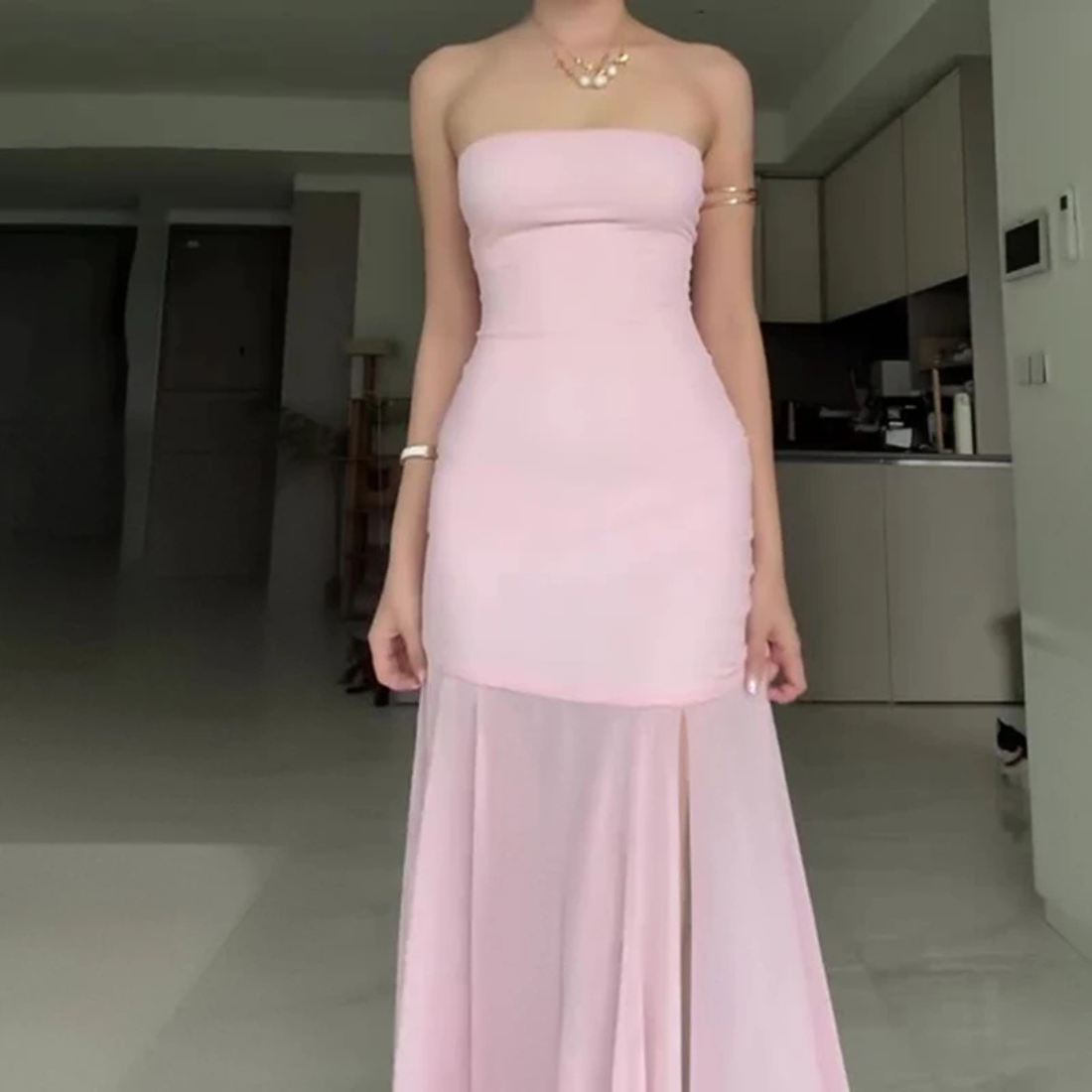 Light Pink Sleeveless Tube Neck Elegant Mesh Long Dress, Close Up