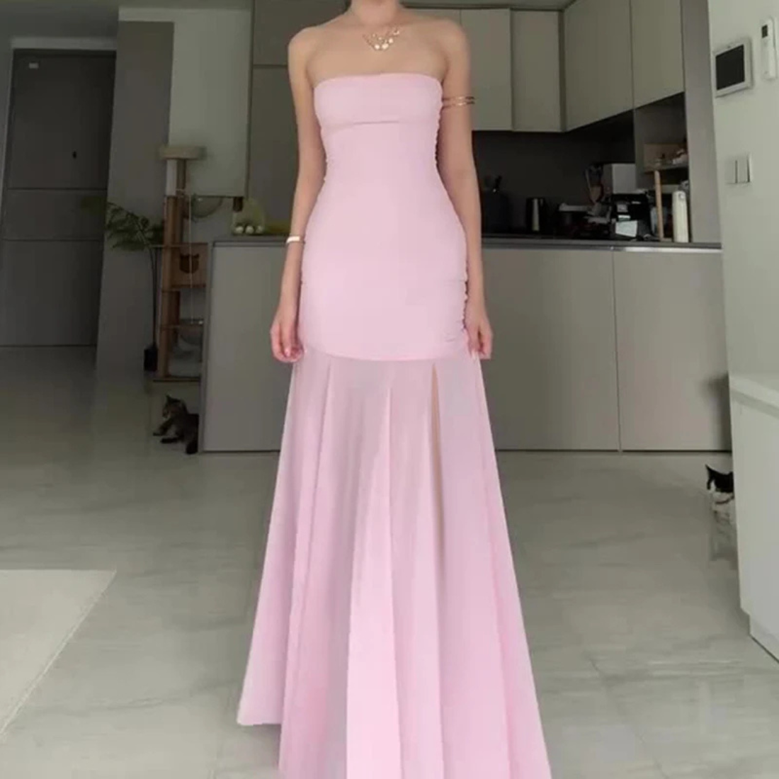 Light Pink Sleeveless Tube Neck Elegant Mesh Long Dress, Front