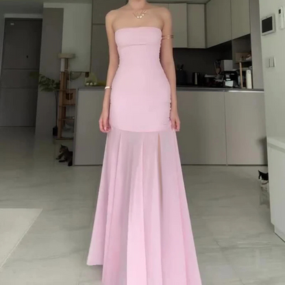 Light Pink Sleeveless Tube Neck Elegant Mesh Long Dress, Front