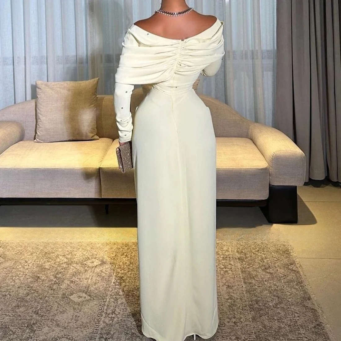 Light Yellow Chiffon Off Shoulder Gemstone Evening Dress, Back