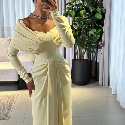 Light Yellow Chiffon Off Shoulder Gemstone Evening Dress, Close Up