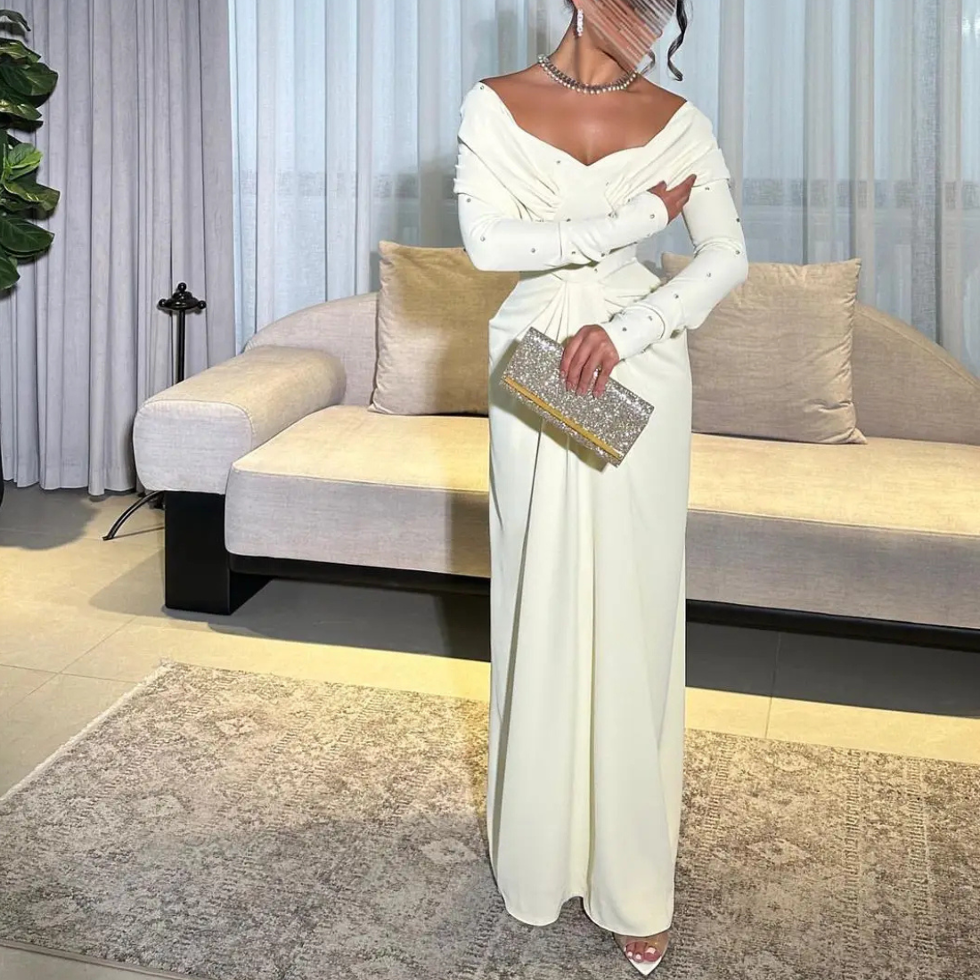 Light Yellow Chiffon Off Shoulder Gemstone Evening Dress, Full Body Shot