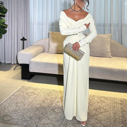 Light Yellow Chiffon Off Shoulder Gemstone Evening Dress, Full Body Shot