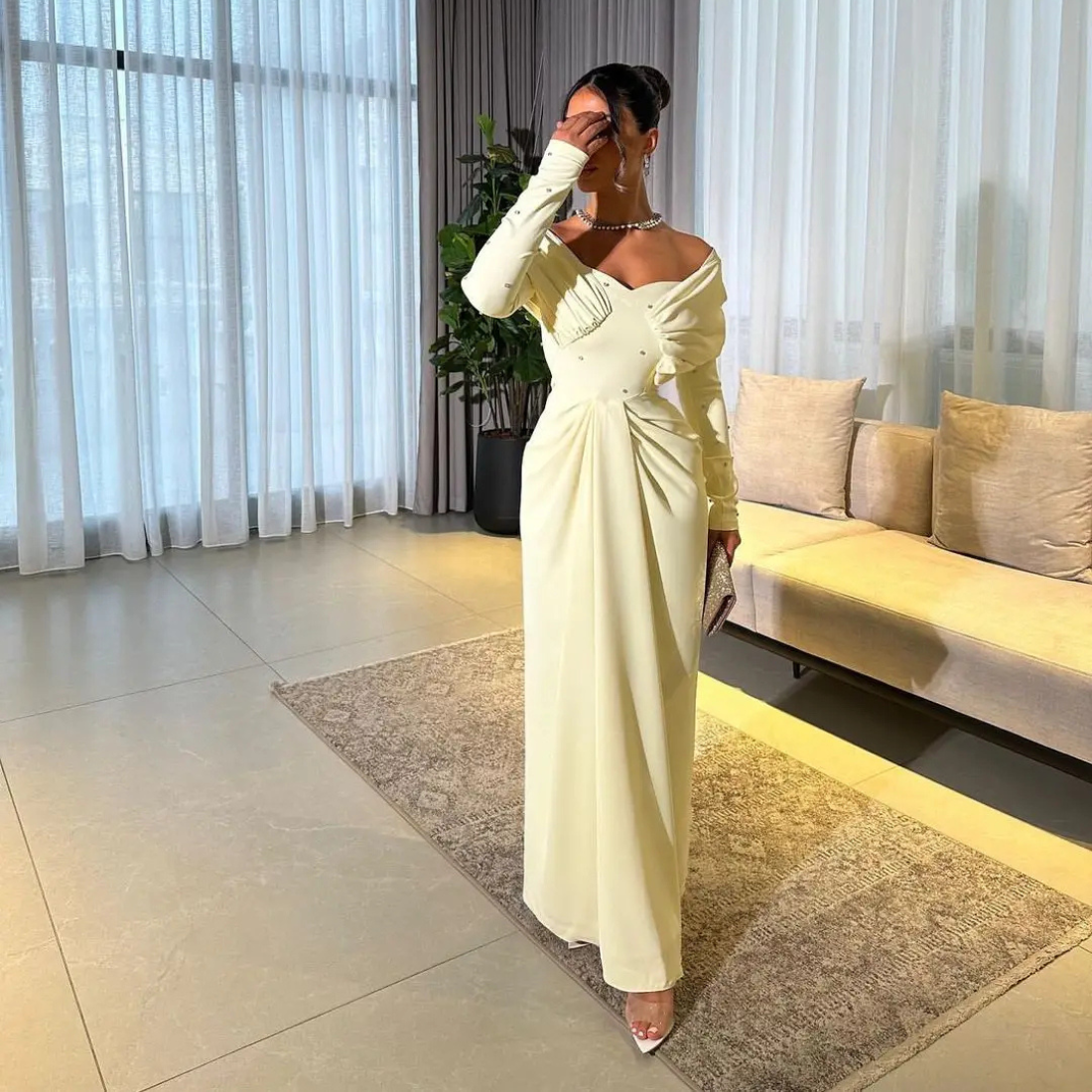 Light Yellow Chiffon Off Shoulder Gemstone Evening Dress, Right