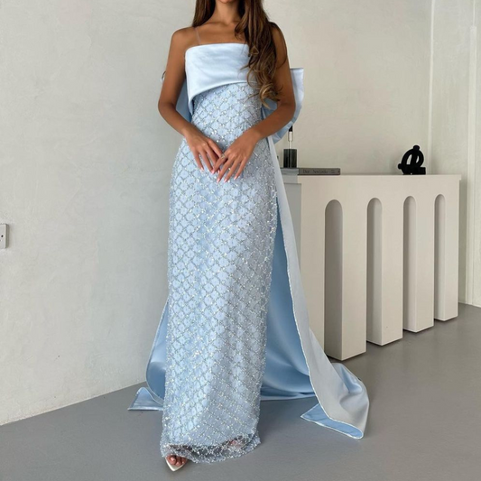 Light Blue Sleeveless Sparkly Bow Drape Evening Gown