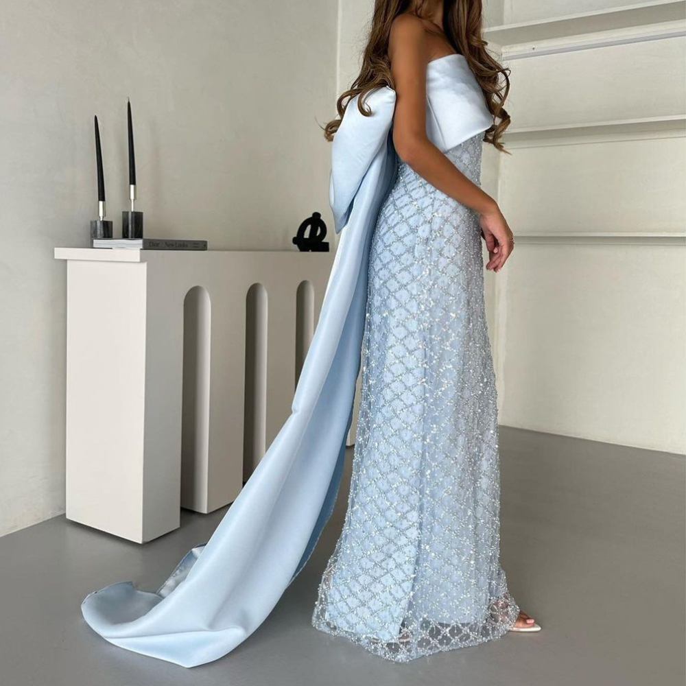 Light Blue Sleeveless Sparkly Bow Drape Evening Gown, Left