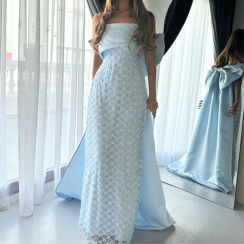 Light Blue Sleeveless Sparkly Bow Drape Evening Gown, Front