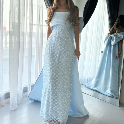 Light Blue Sleeveless Sparkly Bow Drape Evening Gown, Front