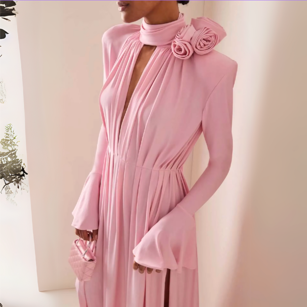 Light Pink Long Sleeves Flower Neck Floor-Length Dress