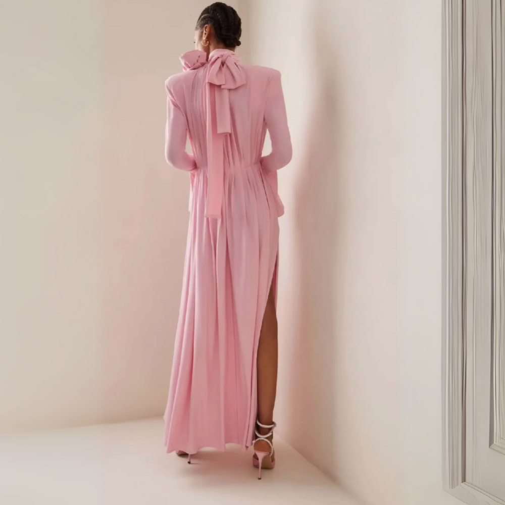 Light Pink Long Sleeves Flower Neck Floor-Length Dress, Back