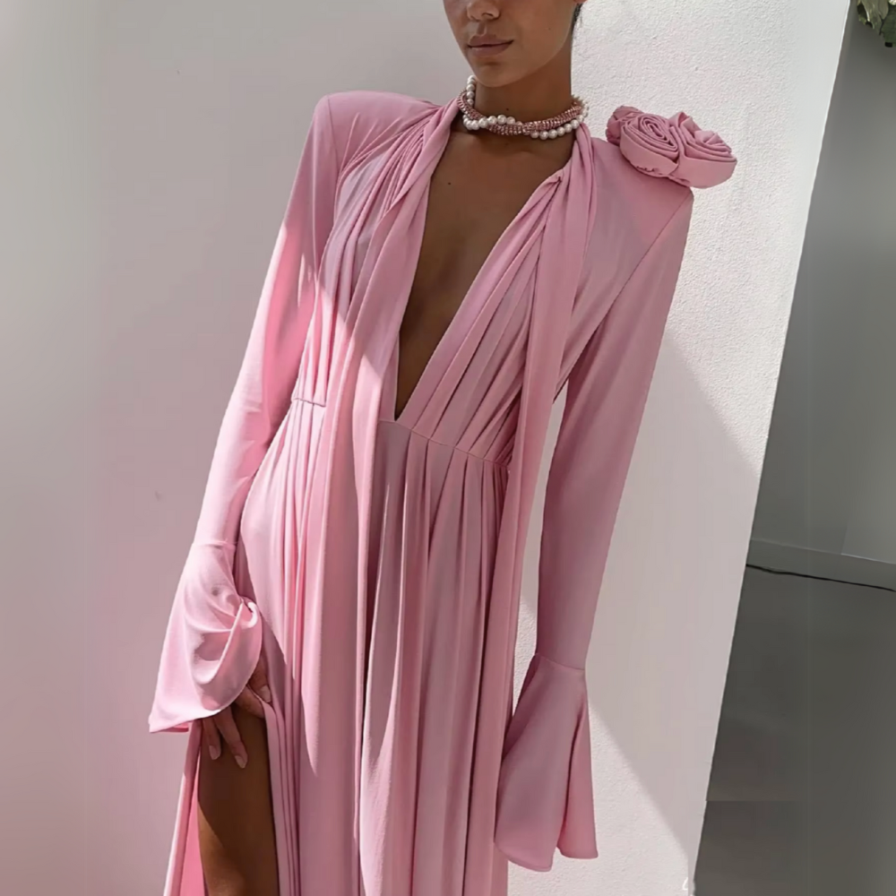 Light Pink Long Sleeves Flower Neck Floor-Length Dress, Close Up