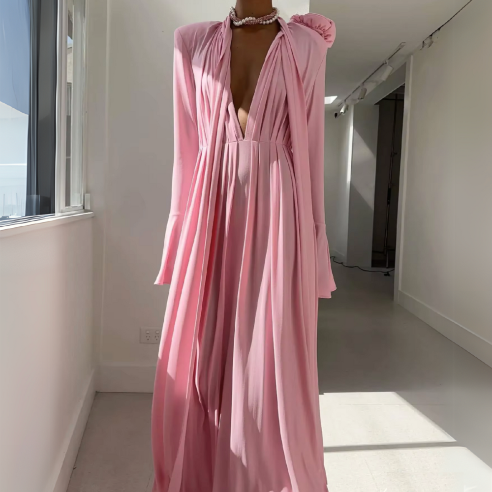Light Pink Long Sleeves Flower Neck Floor-Length Dress, Full Shot