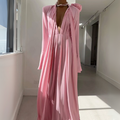 Light Pink Long Sleeves Flower Neck Floor-Length Dress, Full Shot