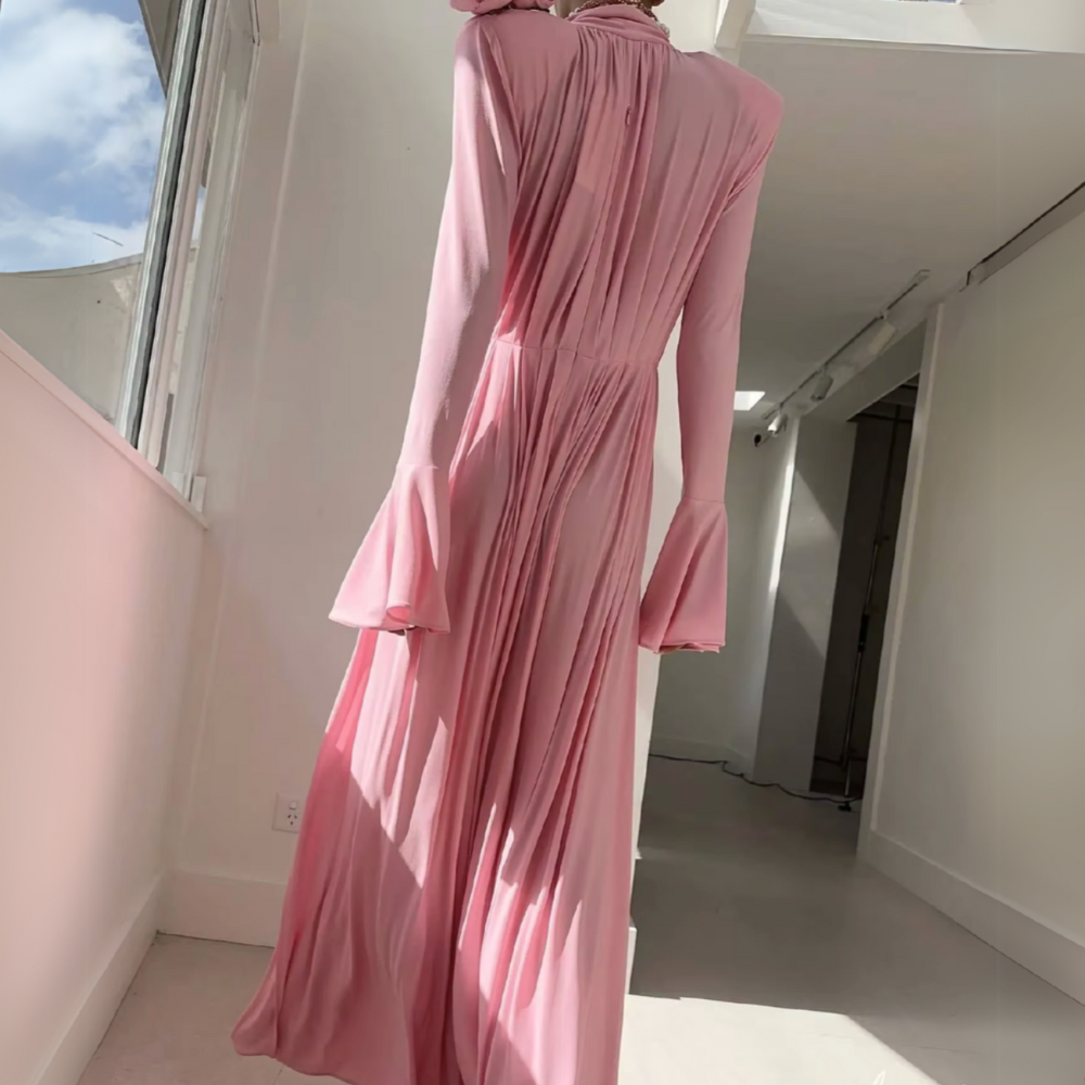Light Pink Long Sleeves Flower Neck Floor-Length Dress, Back 2
