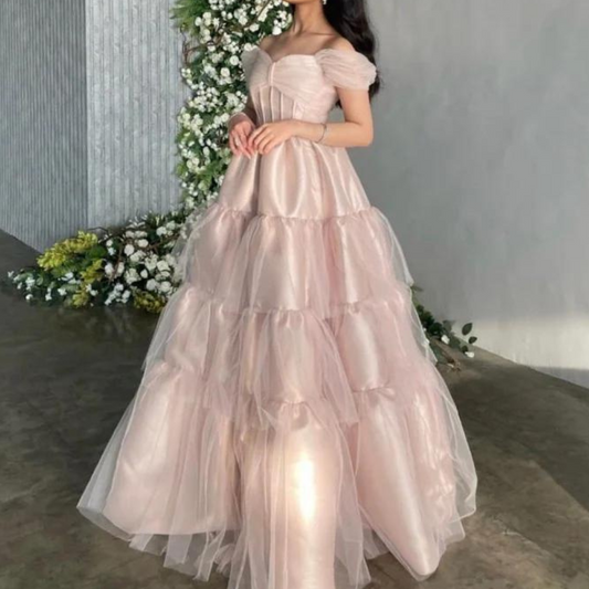 Light Pink Tiered Off Shoulder Princess Long Gown