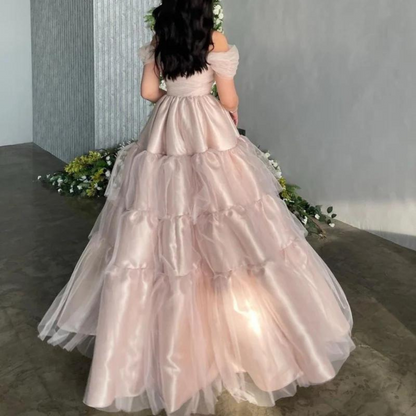 Light Pink Tiered Off Shoulder Princess Long Gown, Back