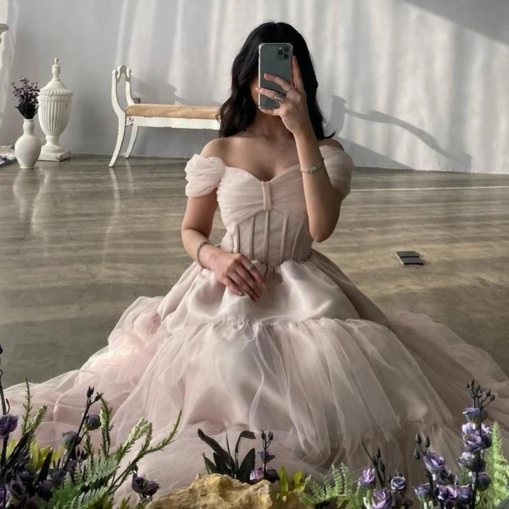 Light Pink Tiered Off Shoulder Princess Long Gown, Front