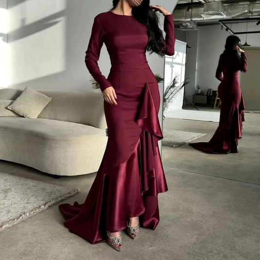 Maroon Modest Satin Ruffle Long Sleeves Mermaid Gown
