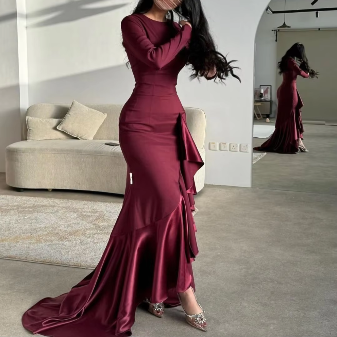 Maroon Modest Satin Ruffle Long Sleeves Mermaid Gown, Front