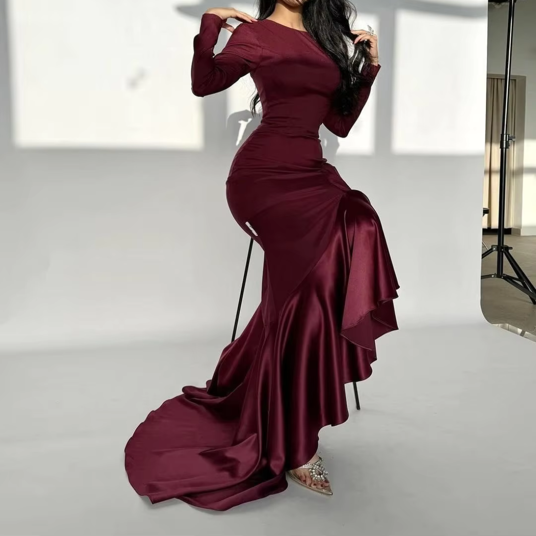 Maroon Modest Satin Ruffle Long Sleeves Mermaid Gown, Close Up