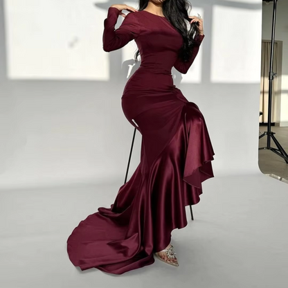Maroon Modest Satin Ruffle Long Sleeves Mermaid Gown, Close Up